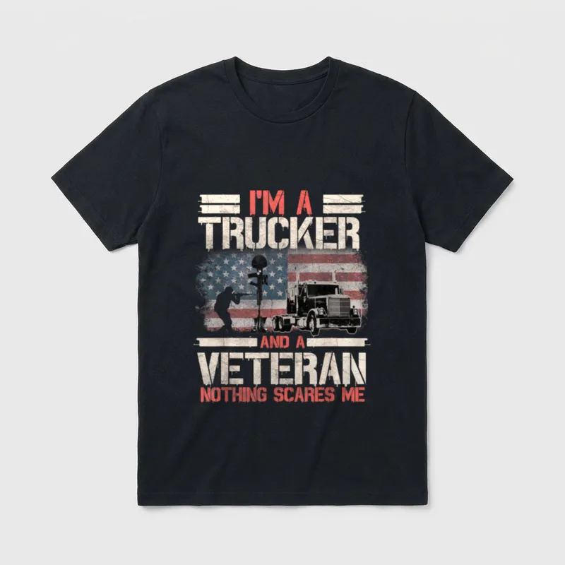 Veteran Trucker T-Shirt – I'M A TRUCKER AND A VETERAN NOTHING SCARES ME with truck and memorial – Classic T-Shirt in Black