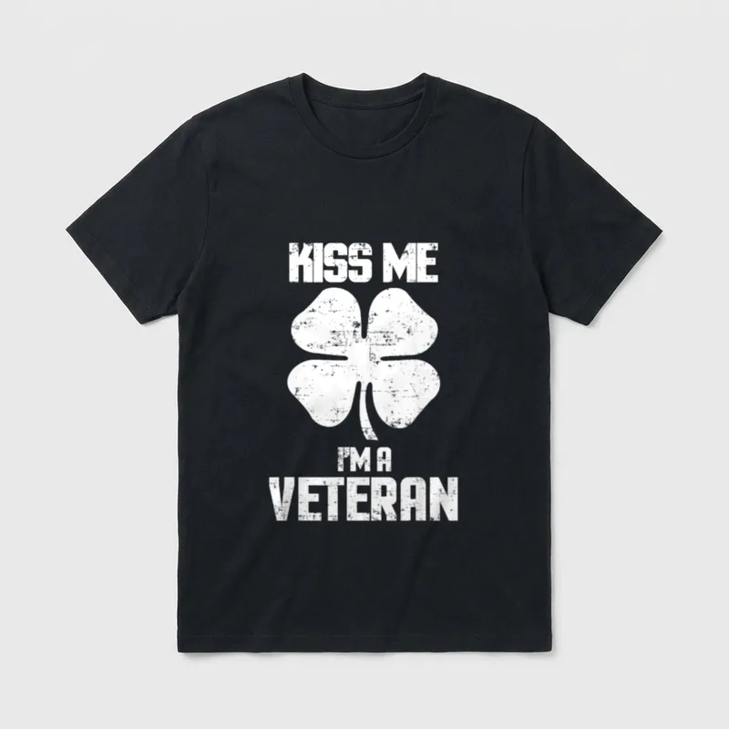 Veteran St Patricks Day T-Shirt – "Kiss Me I'm A Veteran" text with four-leaf clover design – Classic T-Shirt in Black