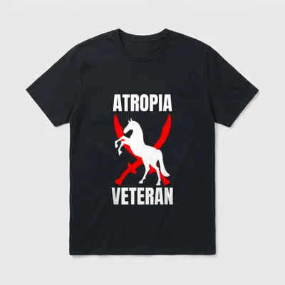 Proud Atropia Veteran T-Shirt – ATROPIA and VETERAN text with white and red rearing horse – Classic T-Shirt in Black