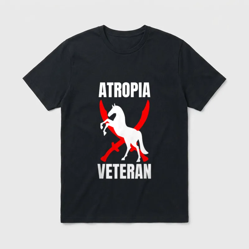 Proud Atropia Veteran T-Shirt – ATROPIA and VETERAN text with white and red rearing horse – Classic T-Shirt in Black