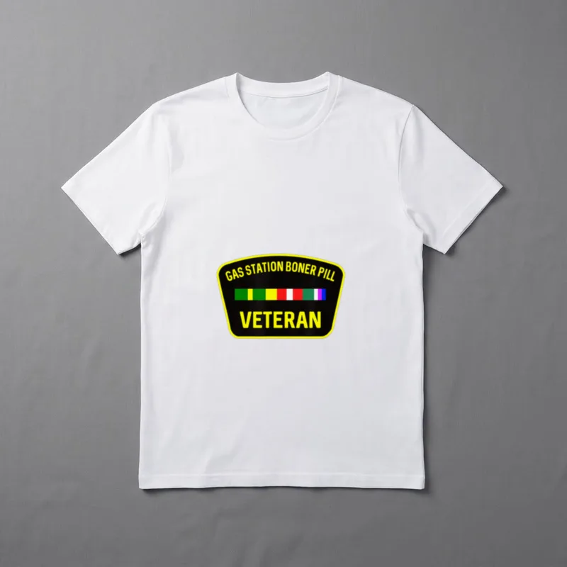 Veteran Humor Gag Gift T-Shirt – GAS STATION BONER PILL VETERAN text with colored ribbon – Classic T-Shirt in Black