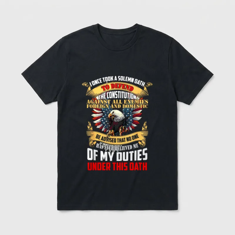 Defend The Constitution Veteran T-Shirt – Solemn oath text with eagle and patriotic ribbons – Classic T-Shirt in Black