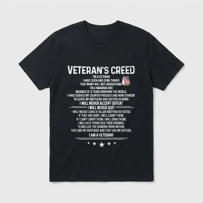 Veteran's Creed Military T-Shirt – Veteran's Creed text with American flag dog tag graphic – Classic T-Shirt in Black