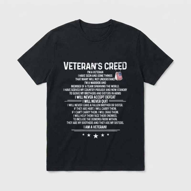 Veteran's Creed Military T-Shirt – Veteran's Creed text with American flag dog tag graphic – Classic T-Shirt in Black