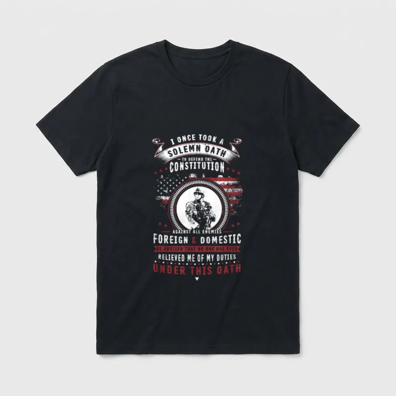 Veteran Solemn Oath T-Shirt – Military oath text with soldier portrait and American flag – Classic T-Shirt in Black