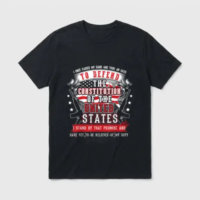 Military Veteran Constitution T-Shirt – Oath text with crossed rifles and American flag banner – Classic T-Shirt in Black
