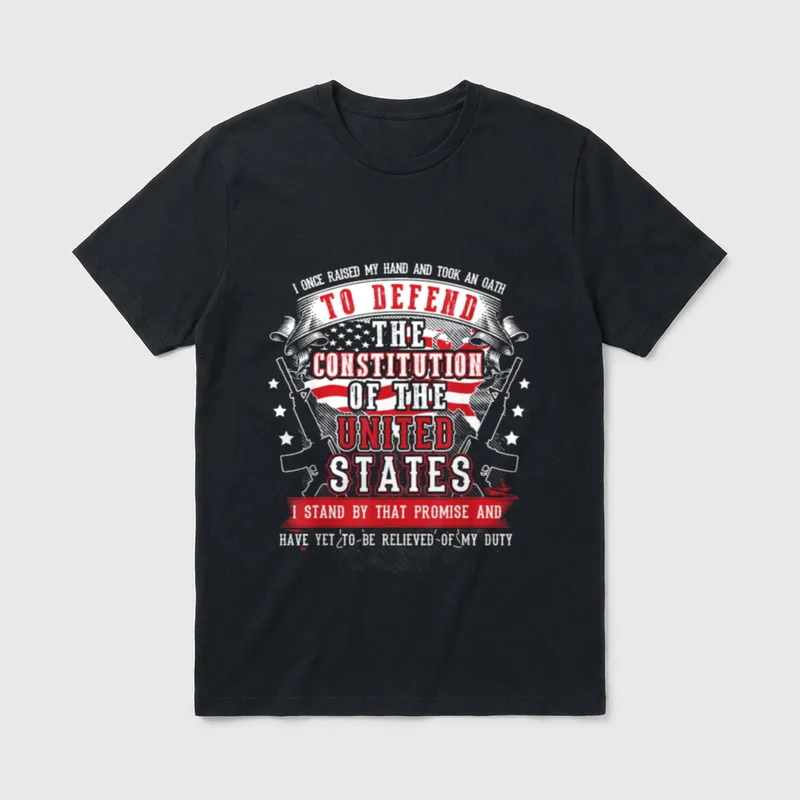 Military Veteran Constitution T-Shirt – Oath text with crossed rifles and American flag banner – Classic T-Shirt in Black