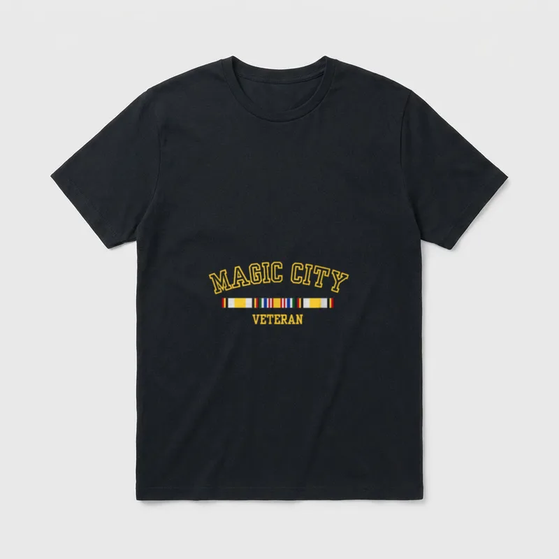 Veteran Pride Shirt T-Shirt – Magic City Veteran in gold with service ribbon stripe – Classic T-Shirt in Black