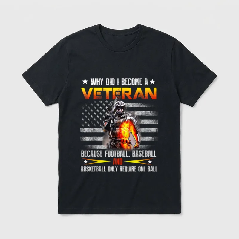 Why I Became A Veteran T-Shirt – Printed question and answer about military service versus sports – Classic T-Shirt in Black