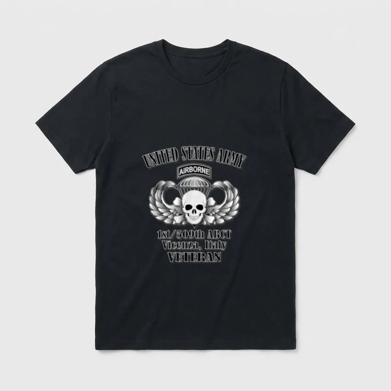 1st 509th ABCT Veteran T-Shirt – Airborne skull with parachute, jump wings, and unit details – Classic T-Shirt in Black