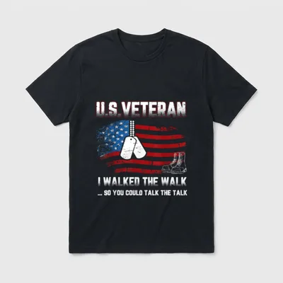 Walked The Walk Veteran T-Shirt – U.S. Veteran with dog tags, boots, and American flag – Classic T-Shirt in Black