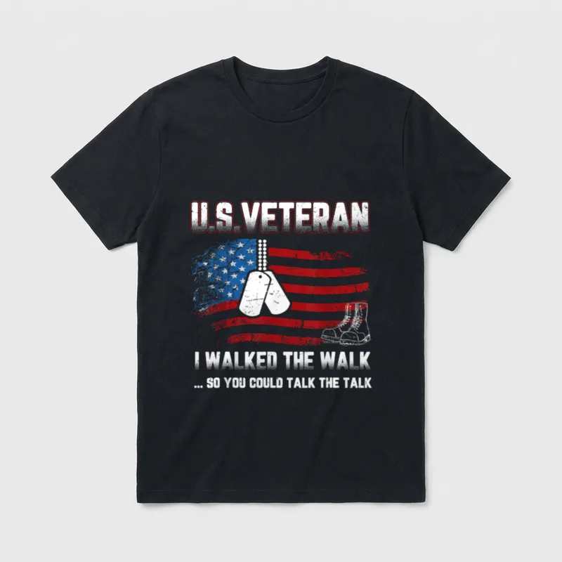 Walked The Walk Veteran T-Shirt – U.S. Veteran with dog tags, boots, and American flag – Classic T-Shirt in Black