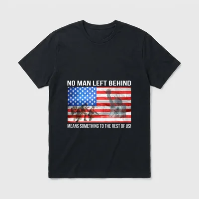 No Man Left Behind Veteran T-Shirt – Soldiers and Statue of Liberty overlaid on American flag – Classic T-Shirt in Black