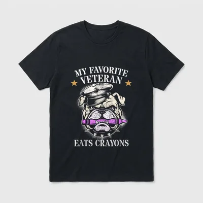 Marine Crayon Eater T-Shirt – MY FAVORITE VETERAN EATS CRAYONS with bulldog in military cap – Classic T-Shirt in Black