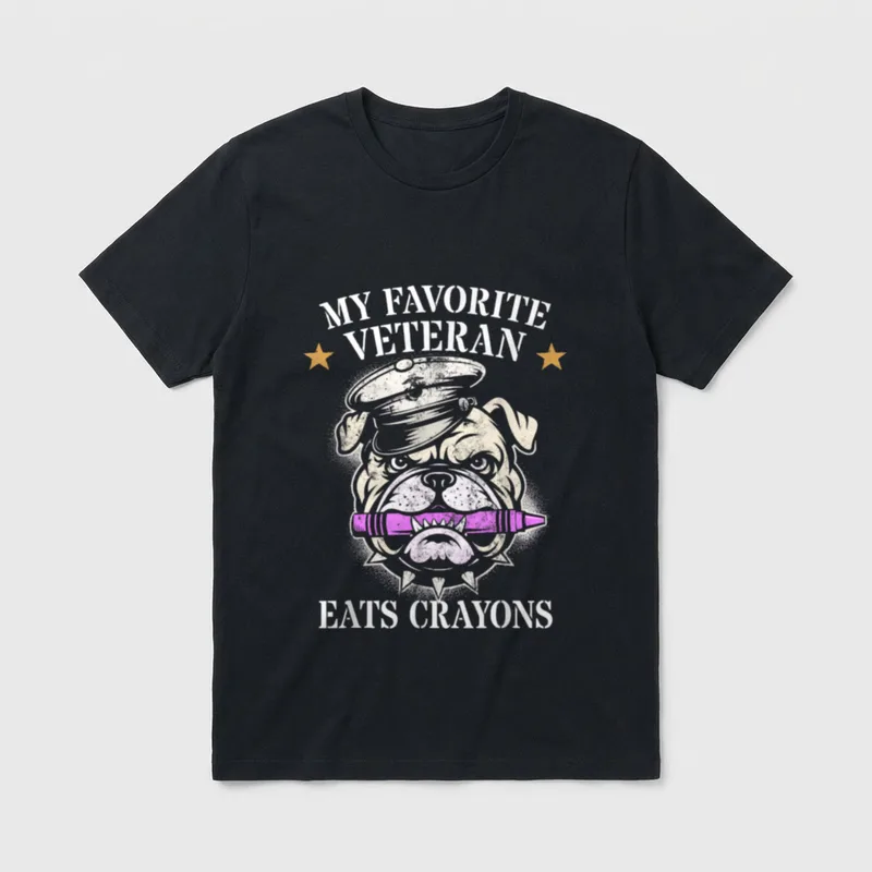 Marine Crayon Eater T-Shirt – MY FAVORITE VETERAN EATS CRAYONS with bulldog in military cap – Classic T-Shirt in Black