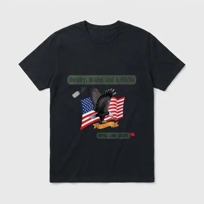 Military Veteran Image T-Shirt – Eagle over US flag with text Beauty Brains and a DD214 – Classic T-Shirt in Black