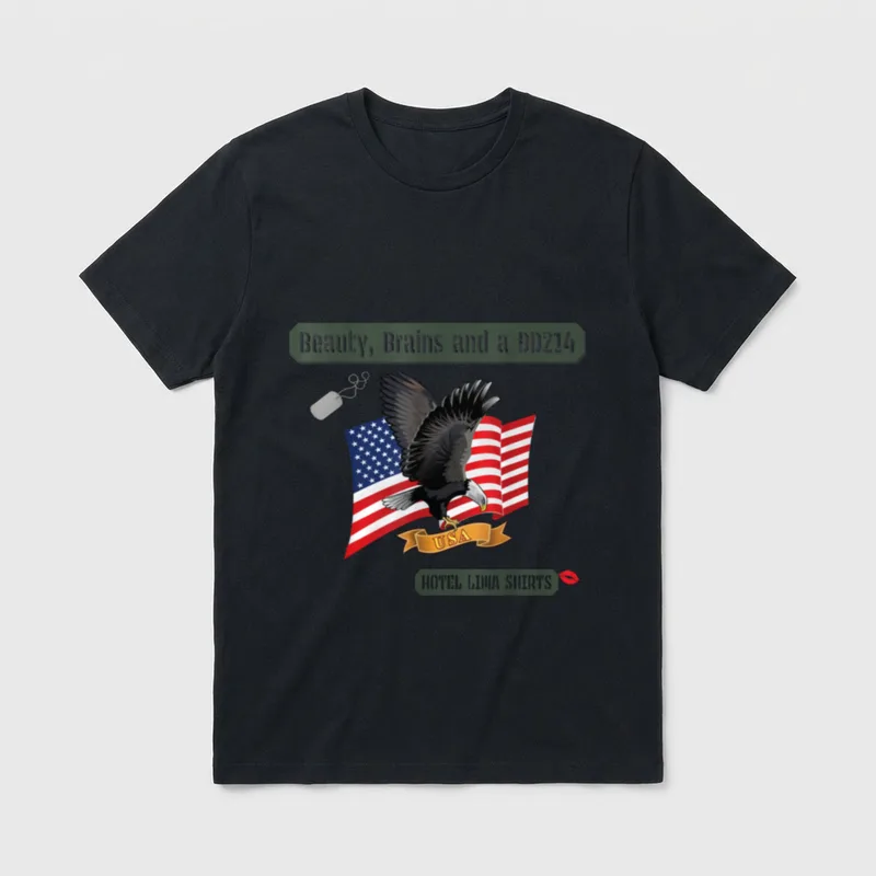 Military Veteran Image T-Shirt – Eagle over US flag with text Beauty Brains and a DD214 – Classic T-Shirt in Black