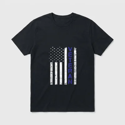 US Military Veteran T-Shirt – Vertical distressed US flag with blue VETERAN text – Classic T-Shirt in Black