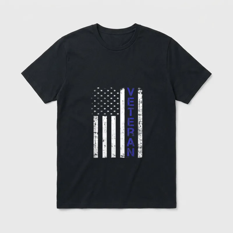 US Military Veteran T-Shirt – Vertical distressed US flag with blue VETERAN text – Classic T-Shirt in Black