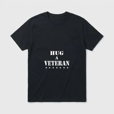 Story Hug a Veteran T-Shirt – White stencil text HUG A VETERAN with seven stars below – Classic T-Shirt in Black
