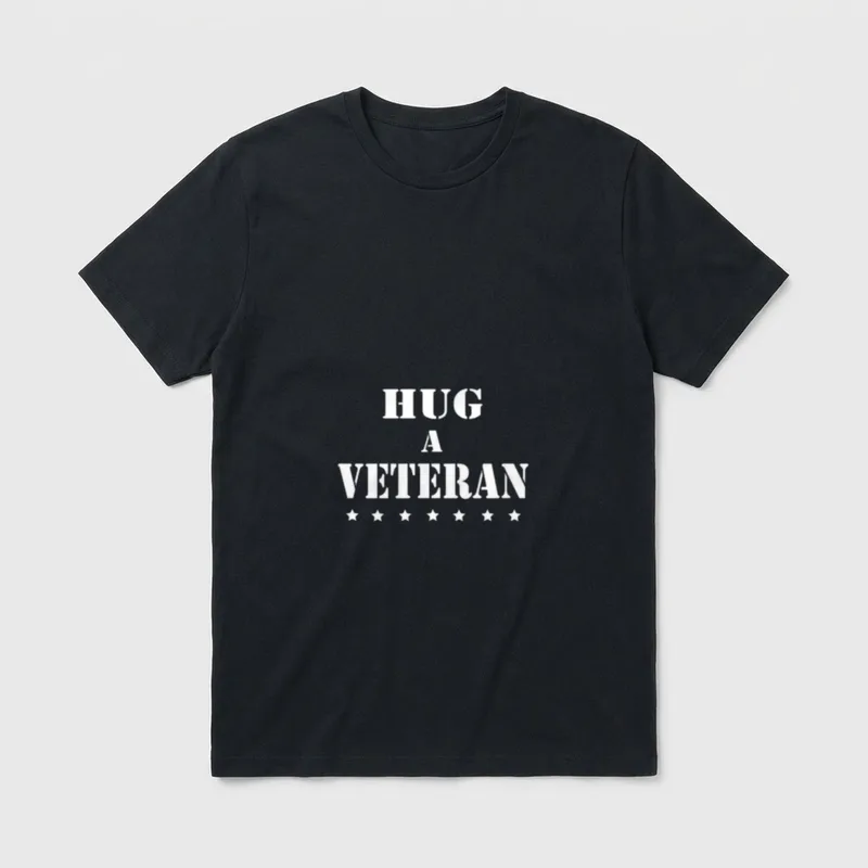 Story Hug a Veteran T-Shirt – White stencil text HUG A VETERAN with seven stars below – Classic T-Shirt in Black