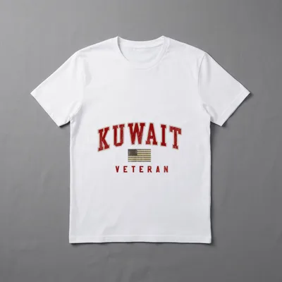 Kuwait War Veteran T-Shirt – Arched red Kuwait Veteran text above a tan distressed American flag – Classic T-Shirt in Black