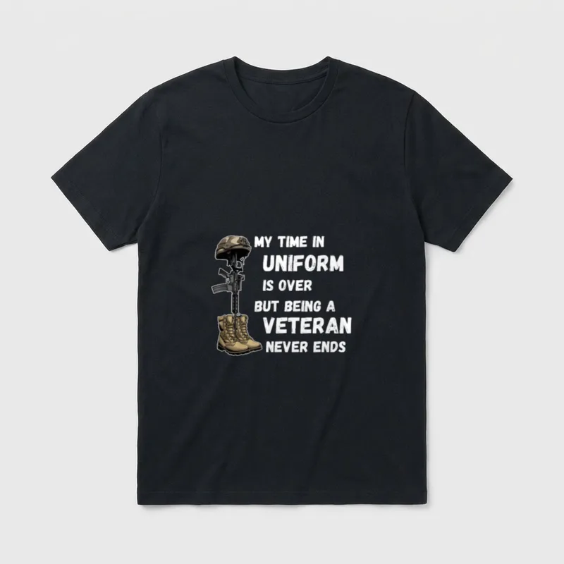Over But Being a Veteran Perfect T-Shirt – Crossed helmet rifle and boots with veteran pride text – Classic T-Shirt in Black