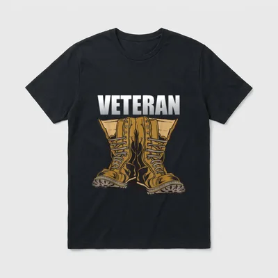 Veteran Boot T-Shirt – Illustration of tan combat boots with VETERAN text above – Classic T-Shirt in Black