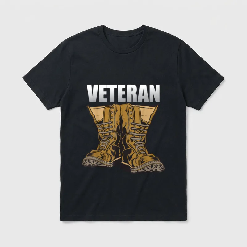 Veteran Boot T-Shirt – Illustration of tan combat boots with VETERAN text above – Classic T-Shirt in Black