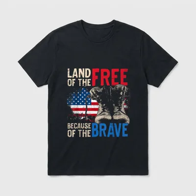 Veteran Brave T-Shirt – Land of the free because of the brave text with boots and flag graphic – Classic T-Shirt in Black