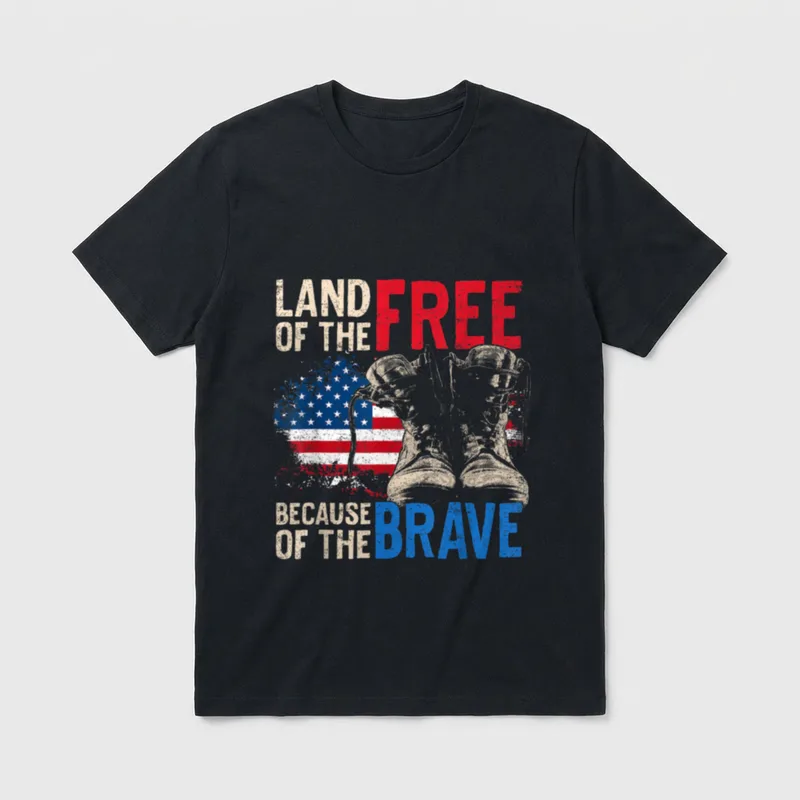 Veteran Brave T-Shirt – Land of the free because of the brave text with boots and flag graphic – Classic T-Shirt in Black