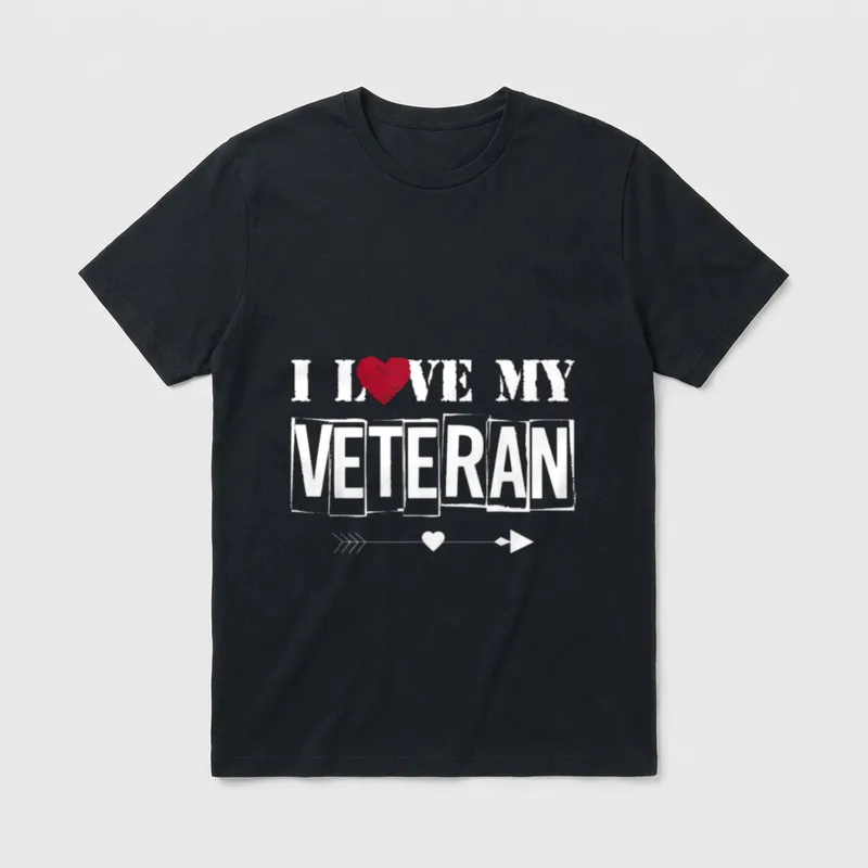 Veteran Men Women Youth Kids T-Shirt – I Love My Veteran text with red heart and arrow graphic – Classic T-Shirt in Black