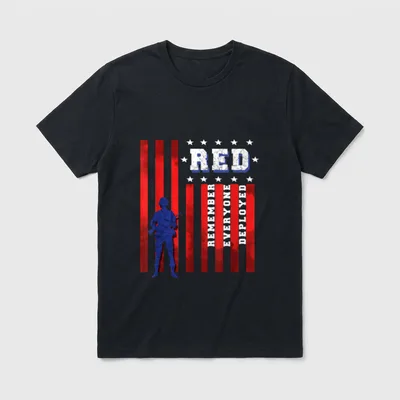 US Veteran Support T-Shirt – RED Remember Everyone Deployed with soldier silhouette and stars – Classic T-Shirt in Black