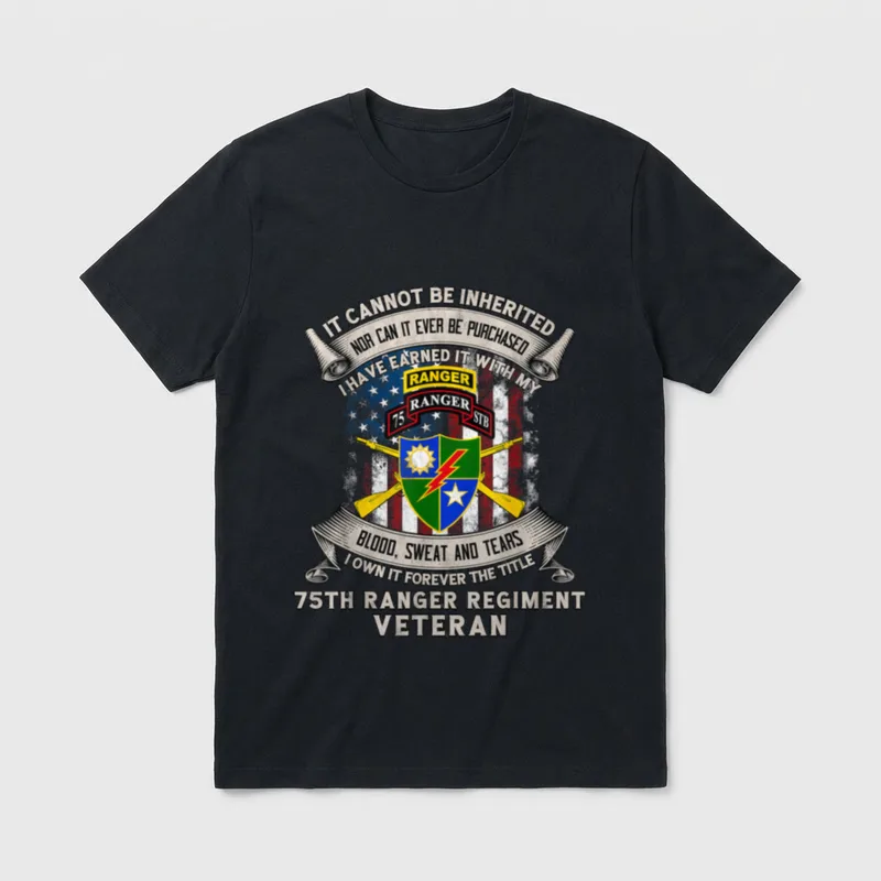 th Ranger Regiment Veteran T-Shirt – Ranger motto and 75th Regiment crest with crossed rifles – Classic T-Shirt in Black