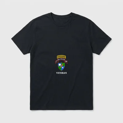 1st Ranger Battalion Military T-Shirt – RANGER tab, 1ST BN scroll, shield patch, and VETERAN text – Classic T-Shirt in Black