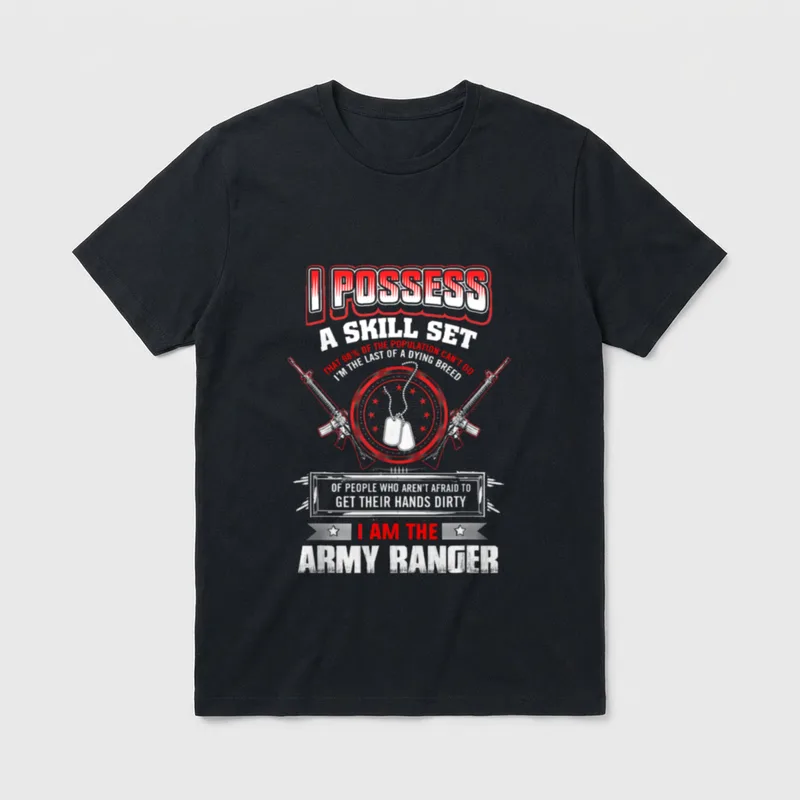 Special Forces Skill Set T-Shirt – I POSSESS A SKILL SET text with crossed rifles and dog tags – Classic T-Shirt in Black