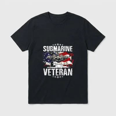 Submarine Navy Veteran T-Shirt – SUBMARINE VETERAN with American flag, naval wings, and submarine – Classic T-Shirt in Black