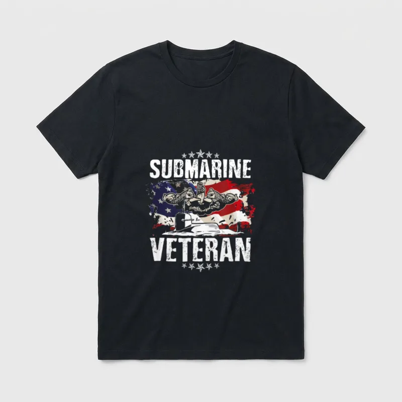 Submarine Navy Veteran T-Shirt – SUBMARINE VETERAN with American flag, naval wings, and submarine – Classic T-Shirt in Black