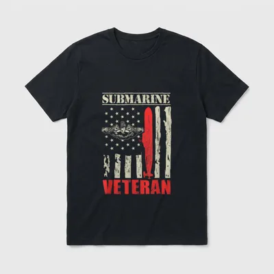 Navy Submariner Gift T-Shirt – Red submarine with cream bars, submarine warfare badge, and stars – Classic T-Shirt in Black