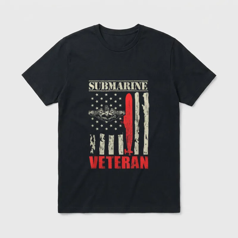 Navy Submariner Gift T-Shirt – Red submarine with cream bars, submarine warfare badge, and stars – Classic T-Shirt in Black