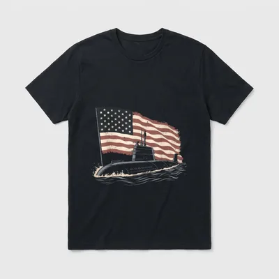Submarine Veteran Patriotic T-Shirt – Submarine silhouette with USA flag and ocean waves – Classic T-Shirt in Black