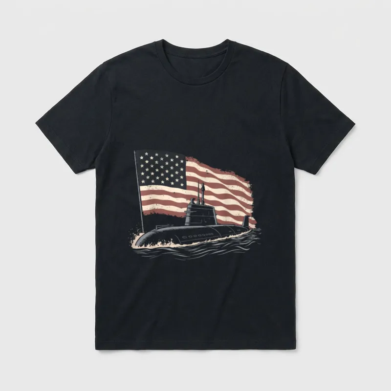 Submarine Veteran Patriotic T-Shirt – Submarine silhouette with USA flag and ocean waves – Classic T-Shirt in Black