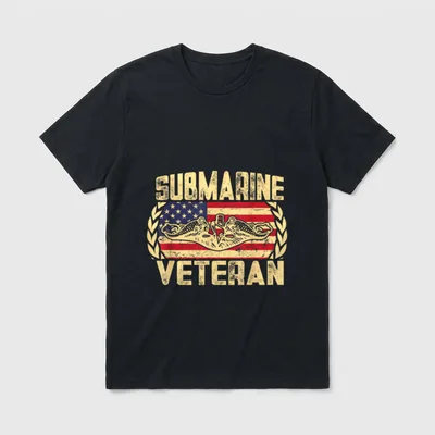 Military Submarine Veteran T-Shirt – SUBMARINE VETERAN text with service badge and flag – Classic T-Shirt in Black