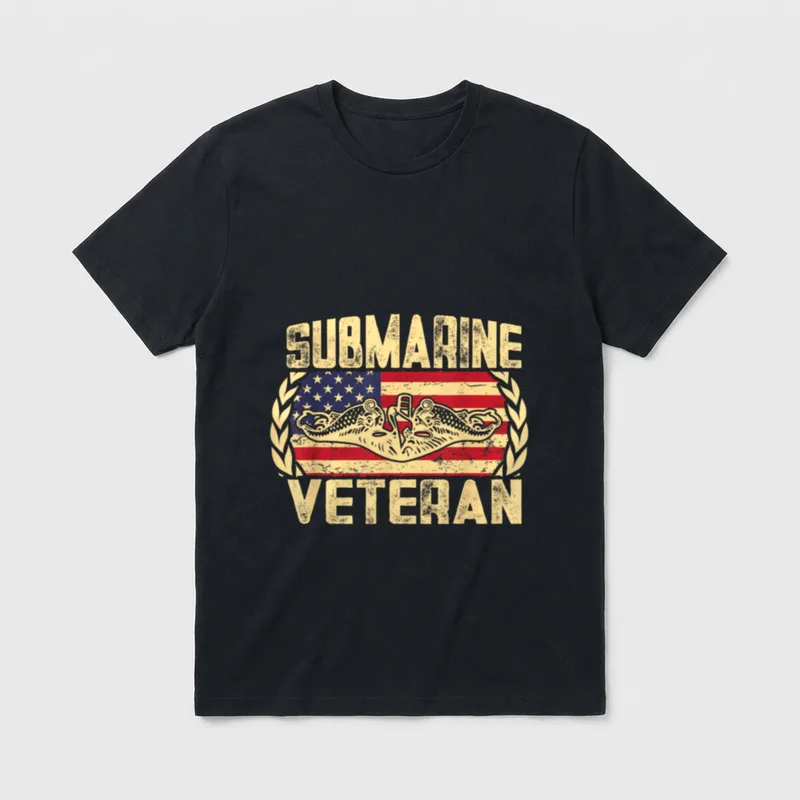 Military Submarine Veteran T-Shirt – SUBMARINE VETERAN text with service badge and flag – Classic T-Shirt in Black