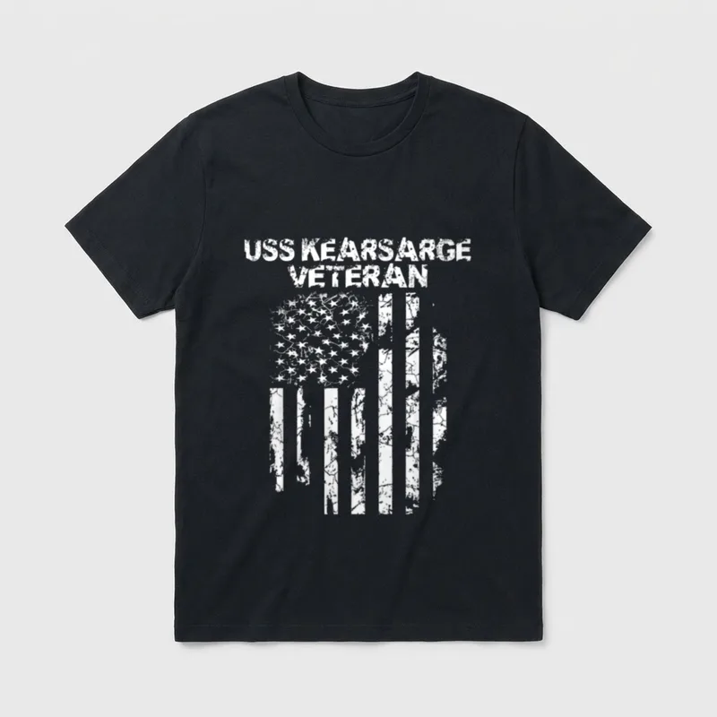 USS Kearsarge Navy Veteran T-Shirt – USS Kearsarge Veteran text above distressed American flag – Classic T-Shirt in Black