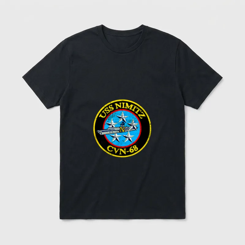 USS Nimitz Carrier Veteran T-Shirt – Official CVN-68 ship patch with carrier and four white jets – Classic T-Shirt in Black