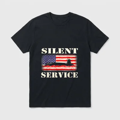 Silent Service Submarine Veteran T-Shirt – SILENT SERVICE text with submarine and American flag – Classic T-Shirt in Black