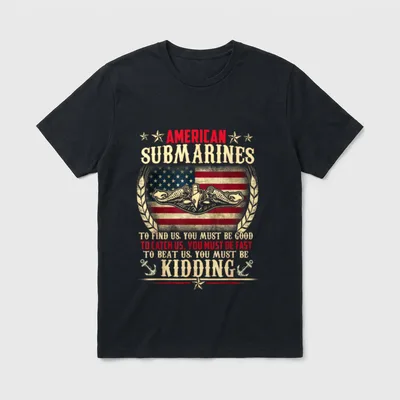 Submarine Service Veteran T-Shirt – American Submarines text with naval wings and American flag – Classic T-Shirt in Black