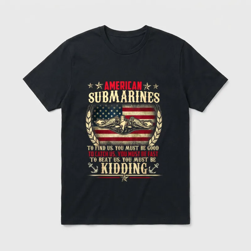 Submarine Service Veteran T-Shirt – American Submarines text with naval wings and American flag – Classic T-Shirt in Black