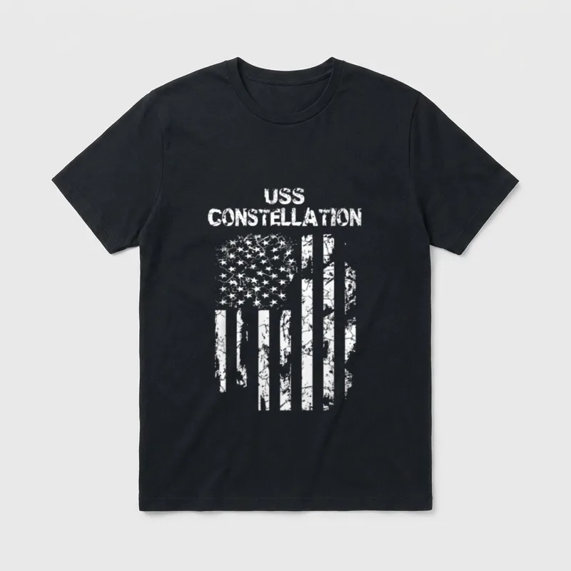USS Constellation Veteran T-Shirt – USS CONSTELLATION text with distressed American flag – Classic T-Shirt in Black